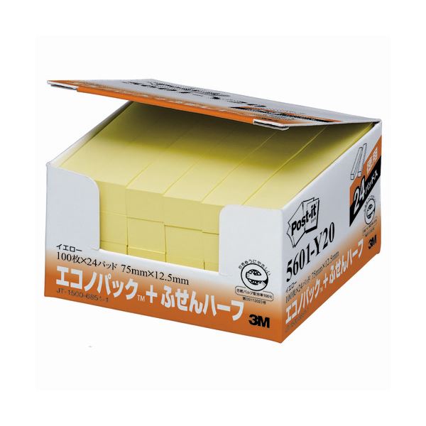 【商品名】 （まとめ） 3M ポストイット エコノパック ふせんハーフ 再生紙 75×12.5mm イエロー 5601-Y20 1パック（24冊） 【×4セット】 【ジャンル・特徴】 ノート・ふせん・