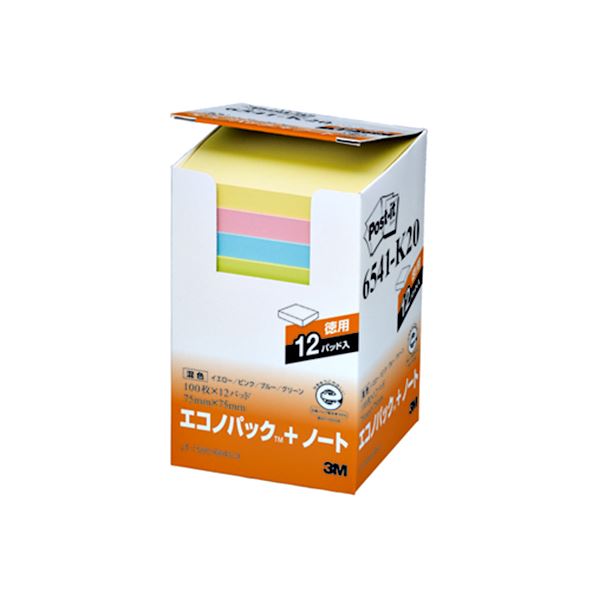 【商品名】 （まとめ） 3M ポストイット エコノパック ノート 再生紙 75×75mm 4色 6541-K20 1パック（12冊） 【×2セット】 【ジャンル・特徴】 ノート・ふせん・紙製品 ふせん