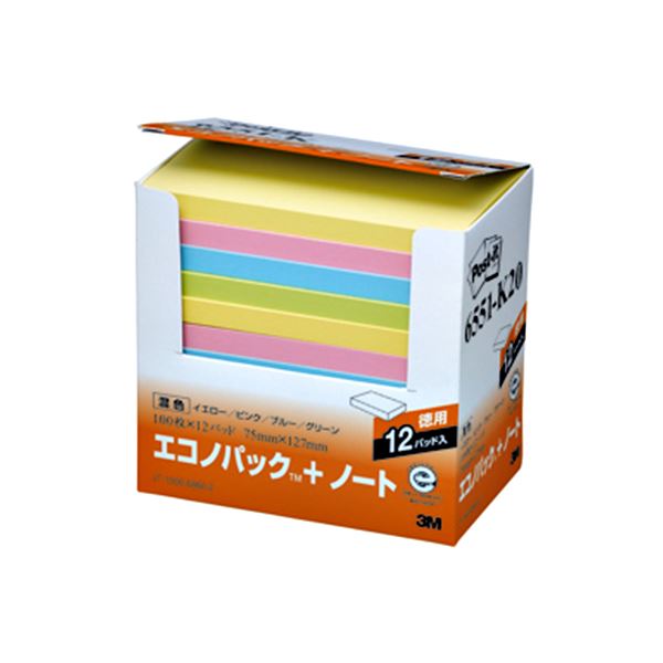 【商品名】 （まとめ） 3M ポストイット エコノパック ノート 再生紙 75×127mm 混色 6551-K20 1パック（12冊） 【×2セット】 【ジャンル・特徴】 ノート・ふせん・紙製品 ふせ