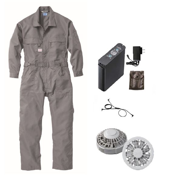 【商品名】 1-9820 空調服 R 綿・ポリ混紡製 空調つなぎ服 FAN2200G・CBB500・LIPRO2セット グレー 4L 【ジャンル・特徴】 綿 ポリ混紡 長袖 ツヅキ服 リチウムバッテリ