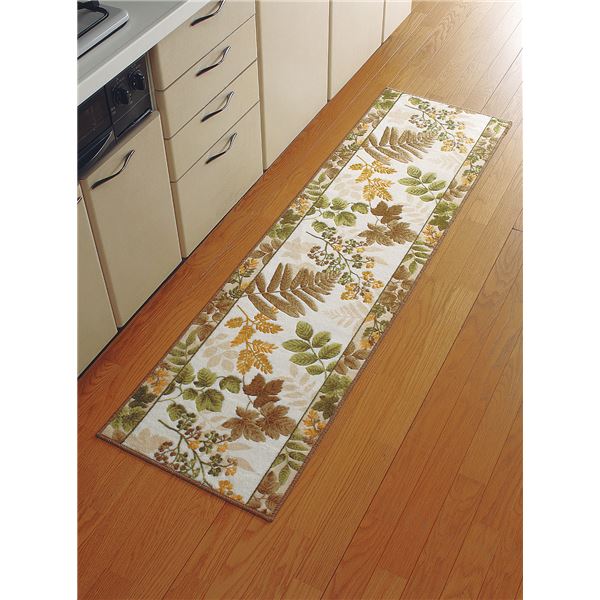 【商品名】 洗えるキッチンマット 【ロング 50cm×180cm】 南洋柄 日本製 ベージュ 〔速乾 抗菌 防臭 吸水 滑り止め加工〕 【ジャンル・特徴】 水ハネ油ハネをしっかりガード！洗えておしゃれ