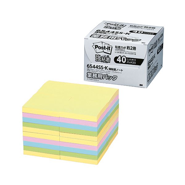 【商品名】 3M ポスト・イット 強粘着ノート業務用パック 75×75mm パステルカラー 4色 6544SS-K 1パック（40冊） 【ジャンル・特徴】 パソコンや電話、キャビネットなどの樹脂面や垂