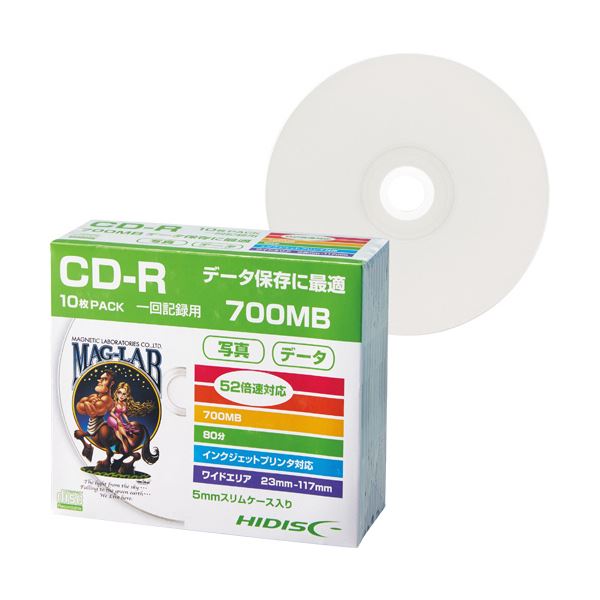 （まとめ）ハイディスク データ用CD-R700MB 52倍速 ホワイトワイドプリンタブル 5mmスリムケース HDCR80GP10SC1パック(10枚) 〔×10セッ