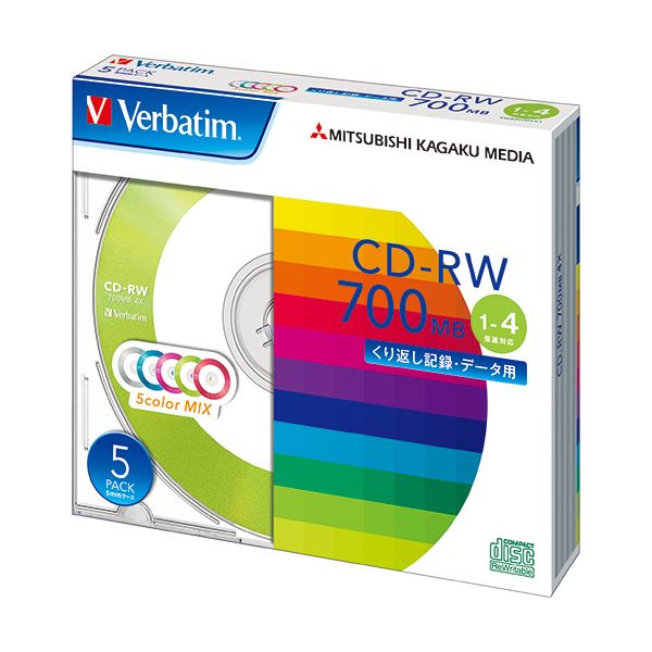 （まとめ）バーベイタム データ用CD-RW700MB 4倍速 5色カラーMIX 5mmスリムケース SW80QM5V1 1パック(5枚) 〔×5セット〕〔代引不可〕