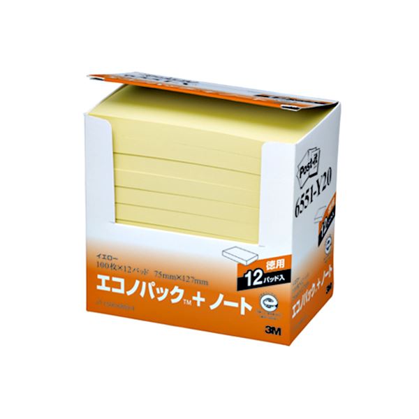 【商品名】 (まとめ) 3M ポストイット エコノパック ノート 再生紙 75×127mm イエロー 6551-Y20 1パック（12冊） 【×5セット】 【ジャンル・特徴】 ノート・ふせん・紙製品 