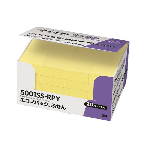 【商品名】 (まとめ) 3M ポストイット エコノパック 強粘着ふせん 75×25mm イエロー 5001SS-RPY 1パック（20冊） 【×5セット】 【ジャンル・特徴】 ノート・ふせん・紙製品 