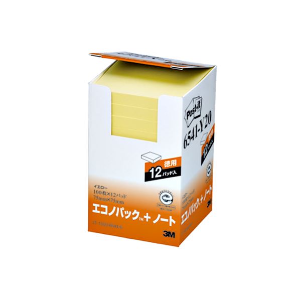 【商品名】 (まとめ) 3M ポストイット エコノパック ノート 再生紙 75×75mm イエロー 6541-Y20 1パック（12冊） 【×5セット】 【ジャンル・特徴】 ノート・ふせん・紙製品 ふ