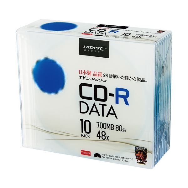 (まとめ) ハイディスク データ用CD-R700MB 48倍速 ホワイトワイドプリンタブル 5mmスリムケース TYCR80YP10SC1パック(10枚) 〔×10セット
