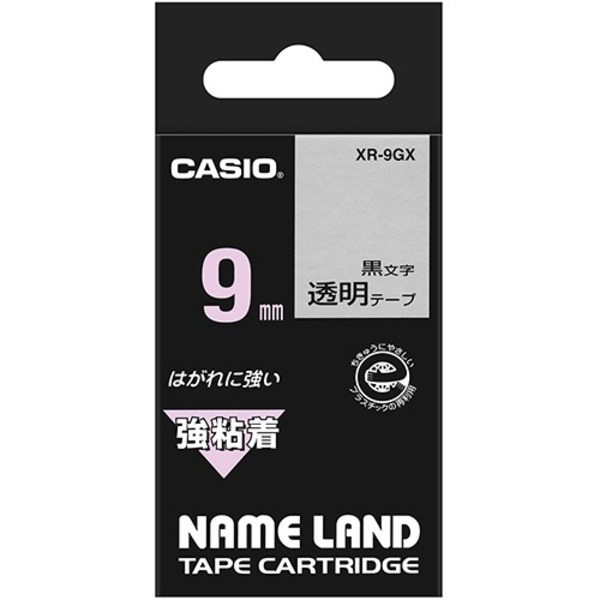 (まとめ) カシオ CASIO ネームランド NAME LAND 強粘着テープ 9mm×5.5m 透明／黒文字 XR-9GX 1個 〔×10セット〕〔代引不可〕