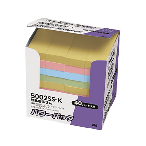 【商品名】 3M ポスト・イット パワーパック強粘着ふせん 75×25mm 4色混色 パステルカラー 5002SS-K 1パック（40冊） 【×10セット】 【ジャンル・特徴】 パソコンや電話、キャビ