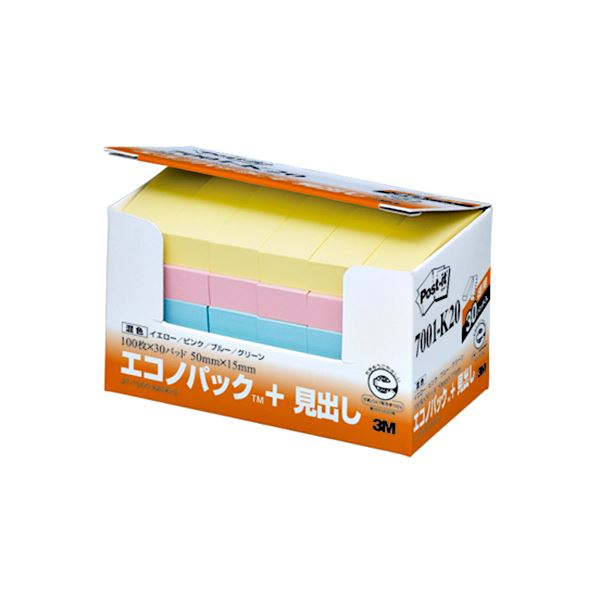 【商品名】 (まとめ) 3M ポストイット エコノパック 見出し 再生紙 50×15mm 混色 7001-K20 1パック（30冊） 【×10セット】 【ジャンル・特徴】 ノート・ふせん・紙製品 ふせ
