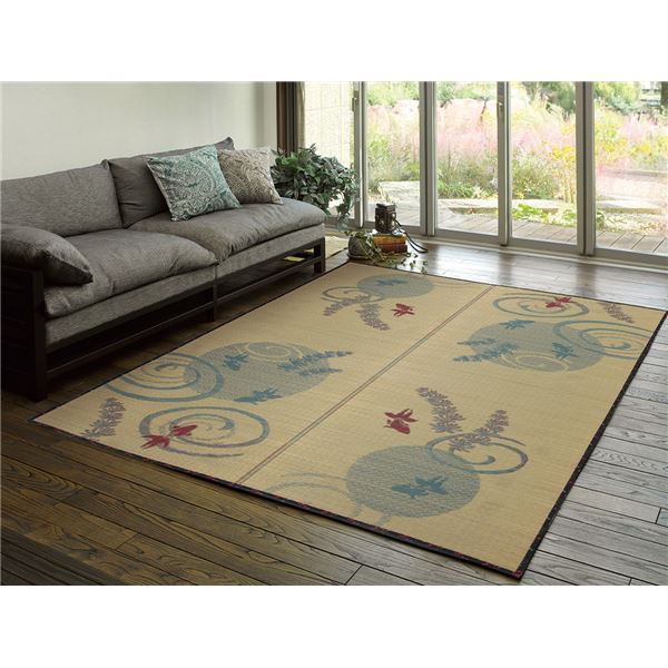 【商品名】 い草 ラグマット/絨毯 【約176×176cm ブルー】 裏貼り仕様 表面：イ草100％ 縁：綿100％ 『涼水 りょうすい』 〔リビング〕 【ジャンル・特徴】 涼水 りょうすい い草 イ