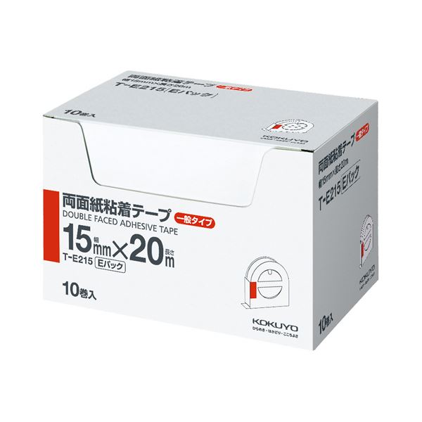【商品名】 コクヨ 両面紙粘着テープ お徳用パック15mm×20m カッター付 T-E215 1セット（50巻：10巻×5箱） 【ジャンル・特徴】 長く使っても安心な、耐久性に優れた粘着剤。テープがス