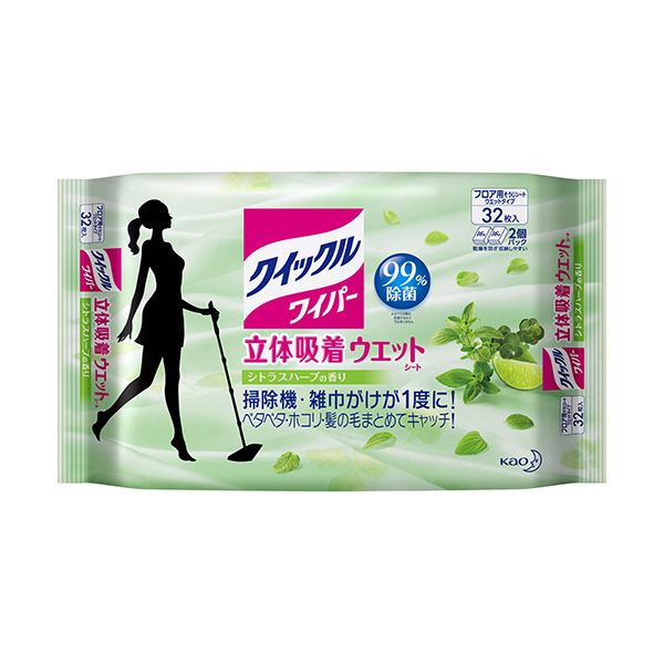 【商品名】 花王 クイックルワイパー立体吸着ウエットシート シトラスハーブの香り 1セット（320枚：32枚×10パック） 【ジャンル・特徴】 除菌・消臭しながら香りも楽しむお掃除シート。 [ 347