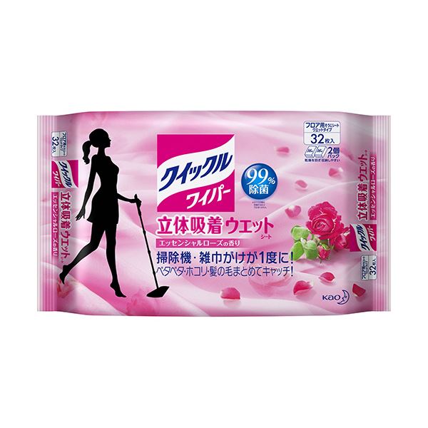 【商品名】 （まとめ）花王 クイックルワイパー立体吸着ウエットシート エッセンシャルローズの香り 1パック（32枚）【×5セット】 【ジャンル・特徴】 除菌・消臭しながら香りも楽しむお掃除シート。 [