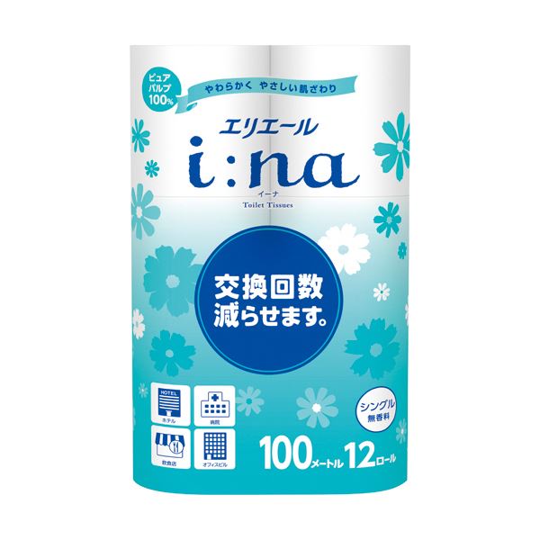 【商品名】 （まとめ）大王製紙 エリエールi：na（イーナ）トイレットティシュー シングル 100m 無香料 1パック（12ロール）【×5セット】 【ジャンル・特徴】 パルプ100%の上質な仕上がり。