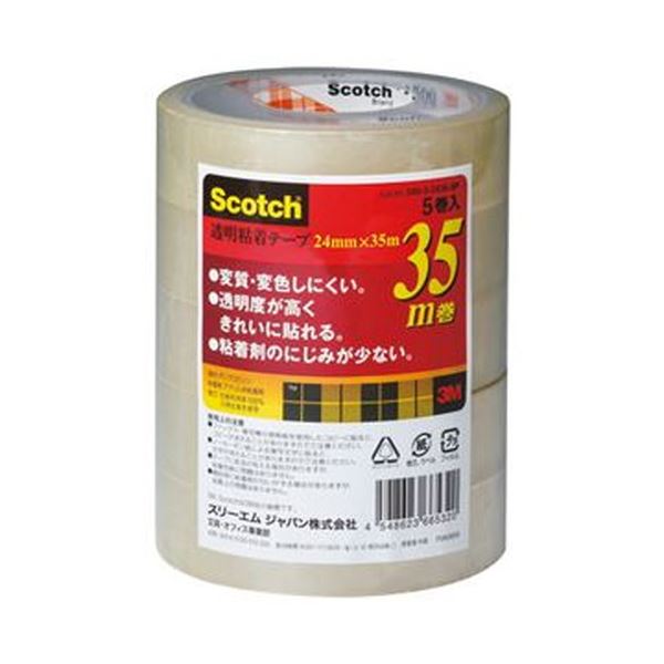 【商品名】 （まとめ）3M スコッチ 透明粘着テープ24mm×35m 500-3-2435-5P 1パック（5巻）【×20セット】 【ジャンル・特徴】 【大巻】変質・変色しにくい透明テープ。 [ 50