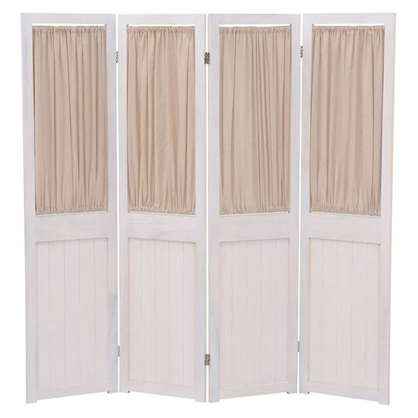 【商品名】 パーテーション/衝立 【4連 アンティークホワイト】 幅40×高さ148cm 木製 桐材 取り外し式カーテン付き 完成品 〔リビング〕 【ジャンル・特徴】 アンティーク 桐 パーテーション