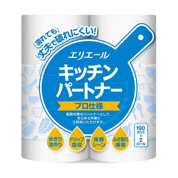 【商品名】 （まとめ）大王製紙 エリエール キッチンパートナー プロ仕様 190カット/ロール 1セット（32ロール：2ロール×16パック） 【×3セット】 【ジャンル・特徴】 濡れても丈夫で破れにく