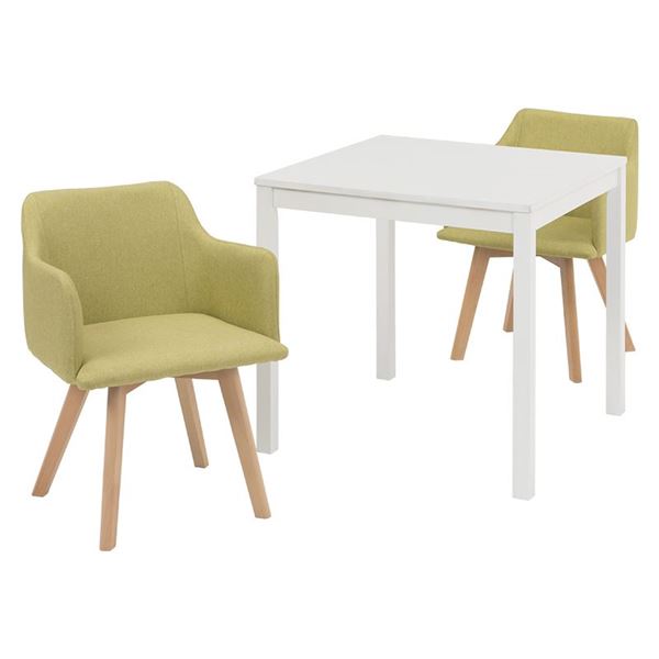 【商品名】 ダイニング 3点セット テーブル 75×75cm 正方形 ホワイト×1 肘付きチェア グリーン×2 木製 組立品 リビング キッチン 【ジャンル・特徴】 ダイニングテーブル 食卓テーブル 