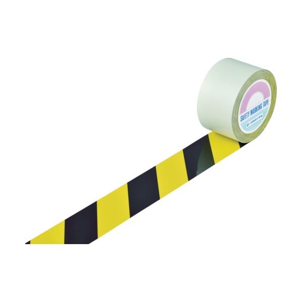 【商品名】 日本緑十字社 ガードテープ(ラインテープ) 黄/黒(トラ柄) 75mm幅×100m 148102 1巻 【ジャンル・特徴】 設置が容易なはく離紙付のラインテープです。 [ 148102 ]