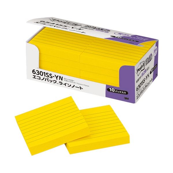 【商品名】 3M ポスト・イット エコノパック 強粘着ノート ラインノート 75×75mm ビビットイエロー 6301SS-YN 1パック(10冊) 【ジャンル・特徴】 罫線入だから走り書きやメモにぴ