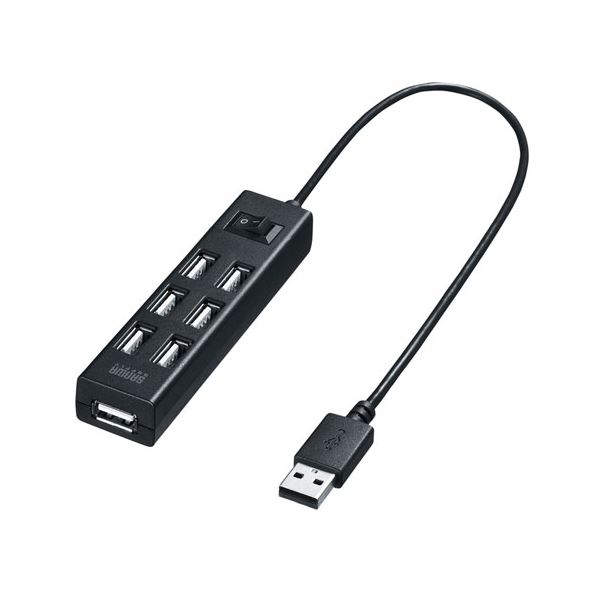 【商品名】 サンワサプライ USB2.0ハブ(7ポート・ブラック) USB-2H702BKN 【ジャンル・特徴】 スイッチ付でオン・オフを一括管理！7ポートUSBハブ。 [ USB-2H702BKN 
