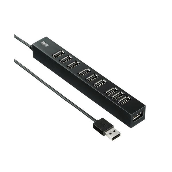 【商品名】 サンワサプライ USB2.0ハブ(10ポート) USB-2H1001BKN 【ジャンル・特徴】 面ファスナーでどんな向きにせも設置が可能な10ポートUSBハブ。 [ USB-2H1001B