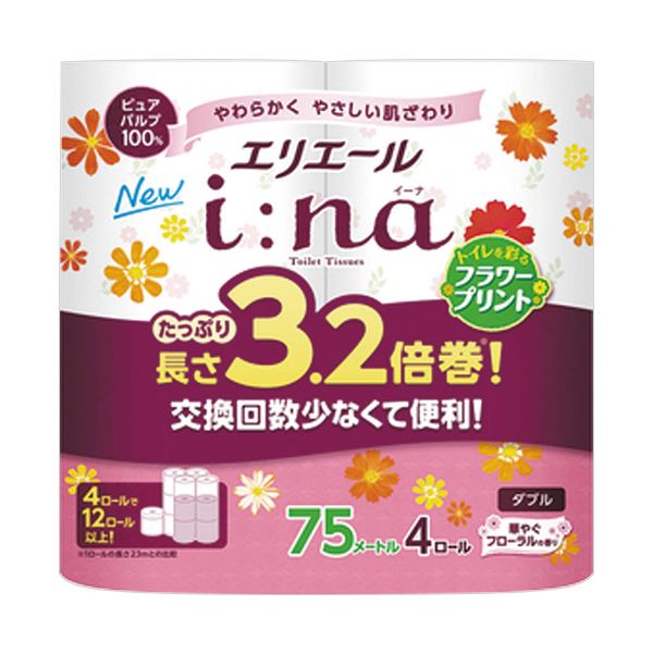 【商品名】 (まとめ）大王製紙 エリエールi：na（イーナ）トイレットティシュー 3.2倍巻 フラワープリント ダブル 芯あり 75m 1セット（64ロール：4ロール×16パック）【×5セット】 [ 