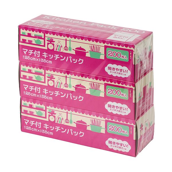 【商品名】 【3個セット】 ケミカルジャパン マチ付 キッチンパック 半透明 200枚×3個入 PC-200M-3 【ジャンル・特徴】 食品保存 袋 調理 冷凍 箱入り まち付き 600枚 大容量