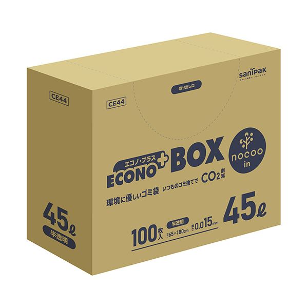【商品名】 （まとめ） 日本サニパックエコノプラス BOX nocoo in 半透明 45L 0.015mm CE44 1パック（100枚） 【×2セット】